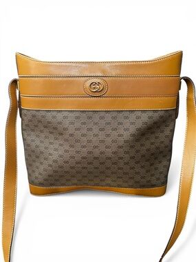 Vintage 80s Gucci GG Supreme Canvas & Camel Leather Shoulder Bag